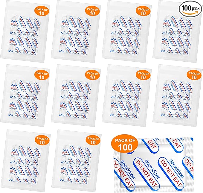 100 Packs 100CC Oxygen Absorbers (10 Packs in Individual Vacuum Bag), Food Grade Oxygen Absorbers for Long Term Food Storage, Perfect for Mylar Bags, Canning, Mason Jars, Vacuum Storage Bags