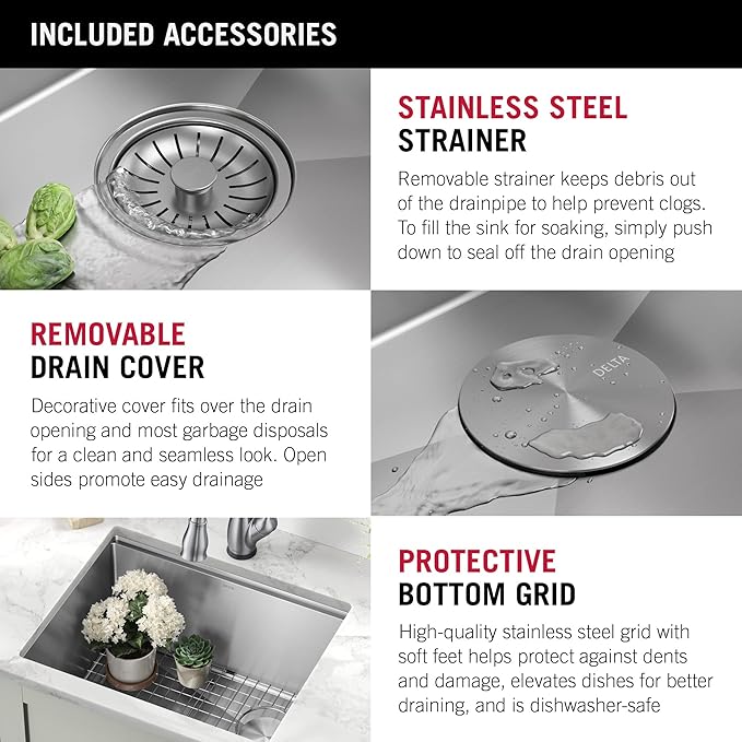 DELTA FAUCET Lorelai 24-inch Workstation Laundry Utility Kitchen Sink Undermount 16 Gauge Stainless Steel Single Bowl with WorkFlow Ledge and a Kit of 5 Accessories, 95B9132-24SL-SS