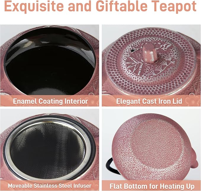 27oz Small Cast Iron Teapot, SECHUDO Pink Tea Kettle for Stovetop, Japanese Tea Pot with Stainless Steel Infuser for Loose Tea, Enameled Interior, Good Gift for Tea Lovers(800ML)