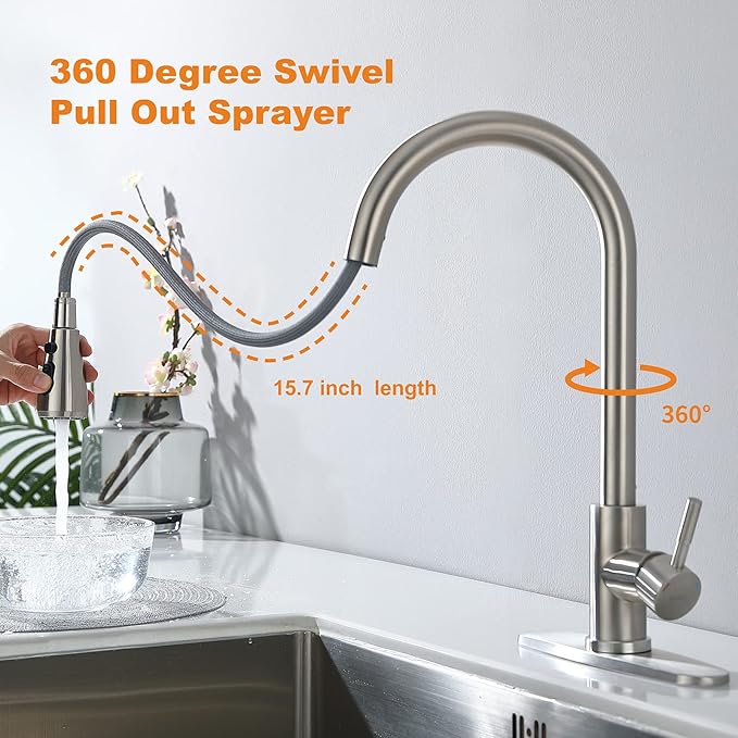 Keer Brush Nickel Single Handle Pull Down Kitchen Faucet with Soap Dispenser, 3 Modes Sprayer, Easy Assembly, Single Handle High Arc Stainless Steel Faucet