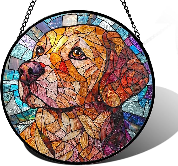 Stained Glass Window Hanging, Cute Dog Abstract Sun Catchers Colorful Glass Panel Texture Suncatcher Decor for Birthday for Women, Men, Wife, Aunt, and Mom 9.8 in