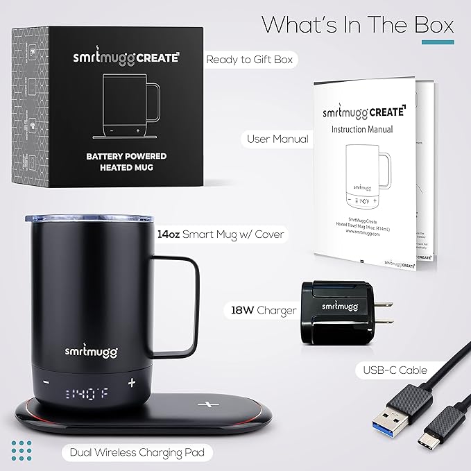Create Heated Coffee Mug, Large 14 OZ, 5 Hour Battery Life, Precision Temperature Adjustment, Battery Powered Heated Coffee Mug Warmer, w/Dual Wireless Charging Pad Phone Charger (Black)