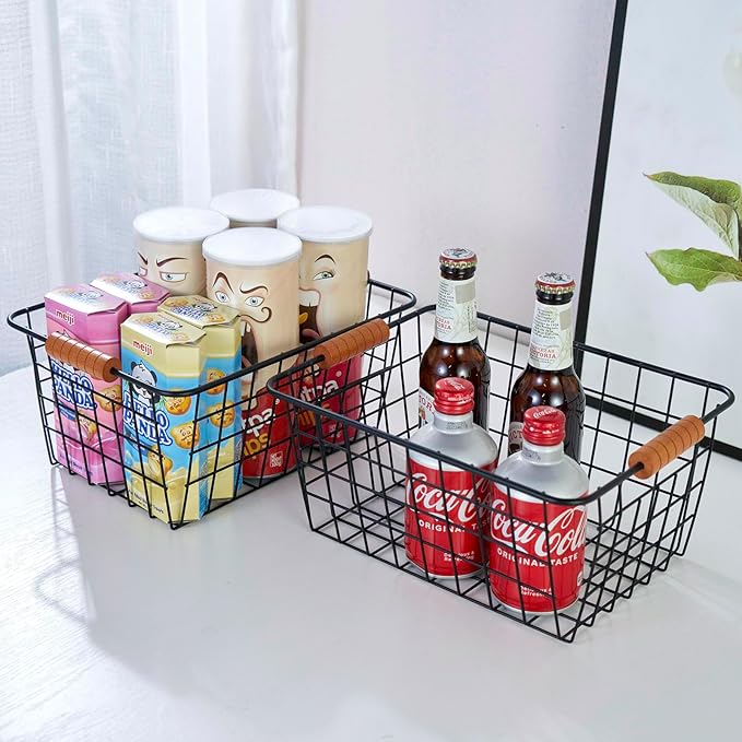 【Extra Large】Wire Kitchen Storage Basket 4 Packs,Perfect Pantry Organization Accessories Baskets,Laundry,Suitable for Countertop, Kitchen, Bedroom, Bathroom,Black