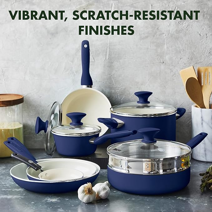 GreenPan Rio 16 Piece Cookware Set, PFOA and PFAS-Free, Healthy Ceramic Nonstick, Dishwasher Safe Easy Clean Durable Performance, Blue