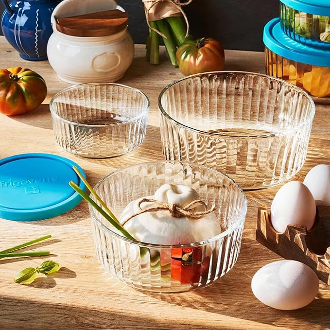 Bormioli Rocco Frigoverre Brilliante 3 Piece Set, Ribbed Round Glass Containers with Silicone Covers - Scratch-Resistant Nesting Bowls for Storage or Prep - 13.25oz, 27.75oz & 51.75oz