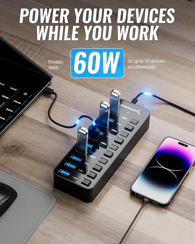 SABRENT 10-Port 60W USB 3.0 Hub with Individual Power Switches and LEDs, Includes 60W 12V/5A Power Adapter (HB-BU10)