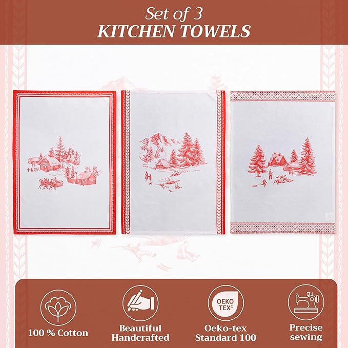 Maison d' Hermine Kitchen Towels Set of 3 100% Cotton 20" x 27.5" Reusable Cloth Tea Dish Towels Absorbent with Hanging Loop for Kitchen Dining Thanksgiving Christmas Decorations (Winter Jouy)