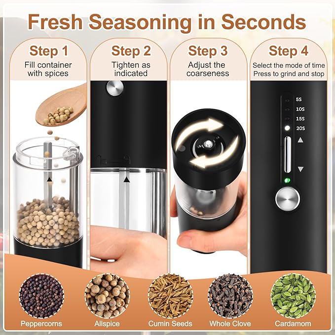 Hxro Electric Salt and Pepper Grinder with 4-Mode Timer, USB-C Rechargeable Pepper Mill with LED Light, Adjustable Coarseness & 120 ML Large Capacity, Perfect for Kitchen, BBQ, Dining Table & Gifts