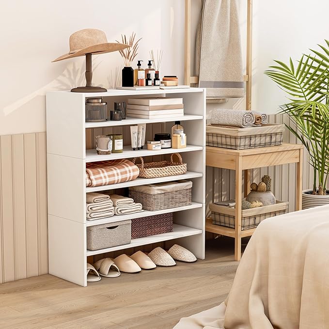 SIMOE 3-in-1 Adjustable Vertical Shoe Rack, 6-Tier Stackable Wooden Corner Storage Shelf for 18 Pairs, Space-Saving Organizer for Front Door Entryway, White