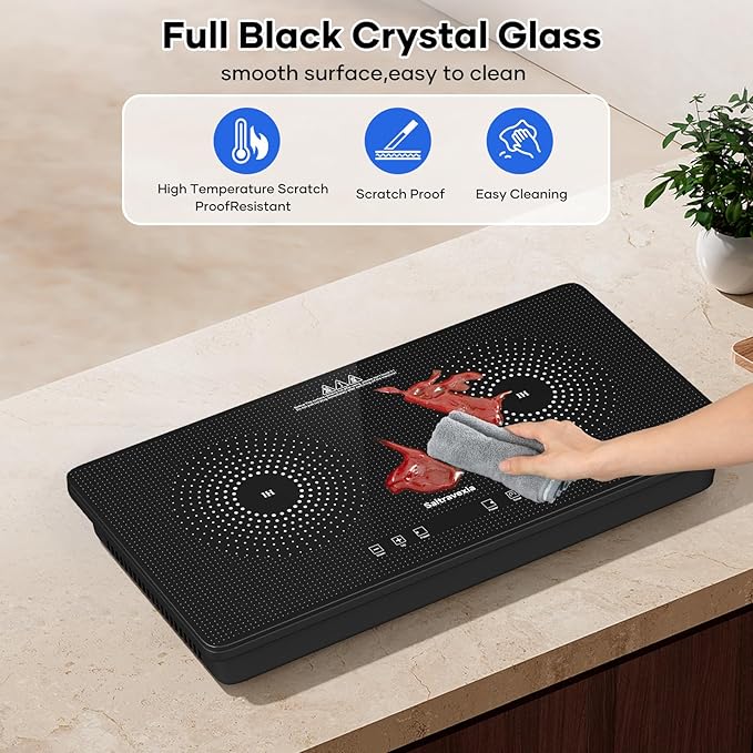 1800W Portable Double Induction Cooktop – 2 Burner Countertop Electric Stove with Touch Control, Dot Pattern Panel, 8 Power Levels, Timer, Safety Lock, Compatible with Magnetic Cookware