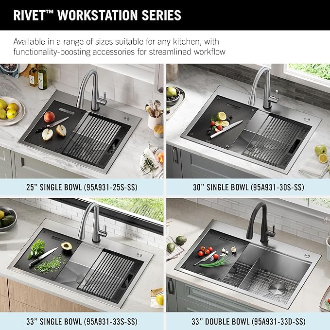 DELTA FAUCET DELTA Rivet 33-Inch Workstation Kitchen Sink Drop-In Top Mount 16 Gauge Stainless Steel Single Bowl with WorkFlow Ledge and Chef’s Kit of 5 Accessories, 95A931-33S-SS