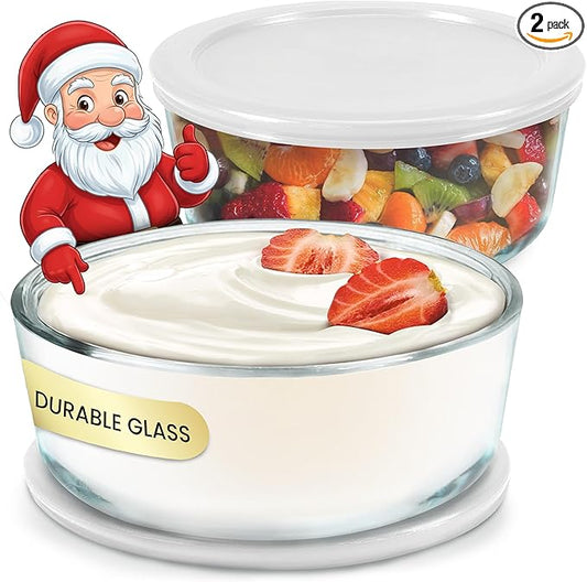 Ultimate Yogurt Containers 2 Pack - Make More Yogurt with 1-Quart Glass Containers (4 Cup) - Perfect for Food Storage & Meal Prep - 100% BPA free & Oven Safe Round Bowl Set with Lids