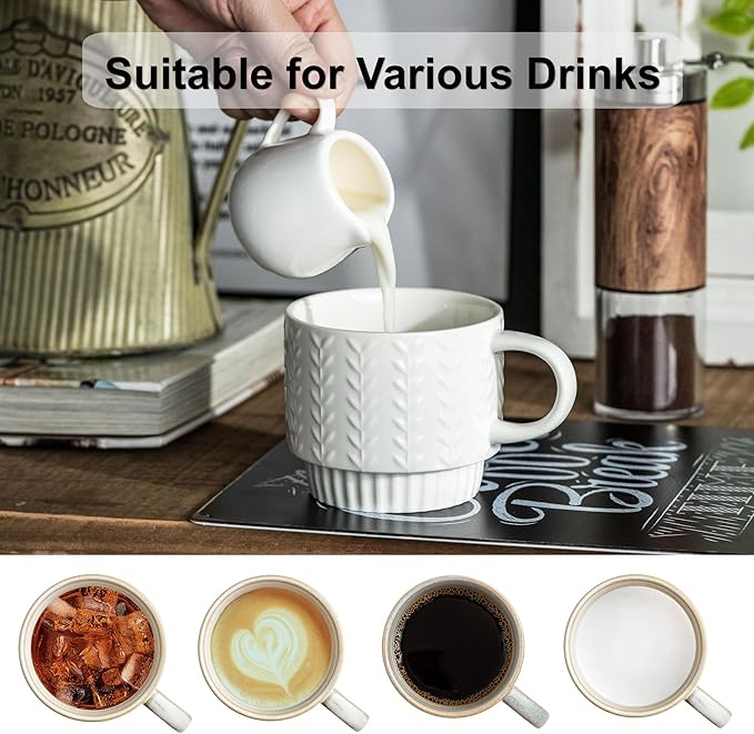 Stackable Coffee Mugs, Coffee Mug Set of 4 with Spoons & Stand, 13oz Espresso Cups for Drinks Latte Cappuccino Tea, Coffee Cup for Housewarming Birthday Gift, Dishwasher Safe, White