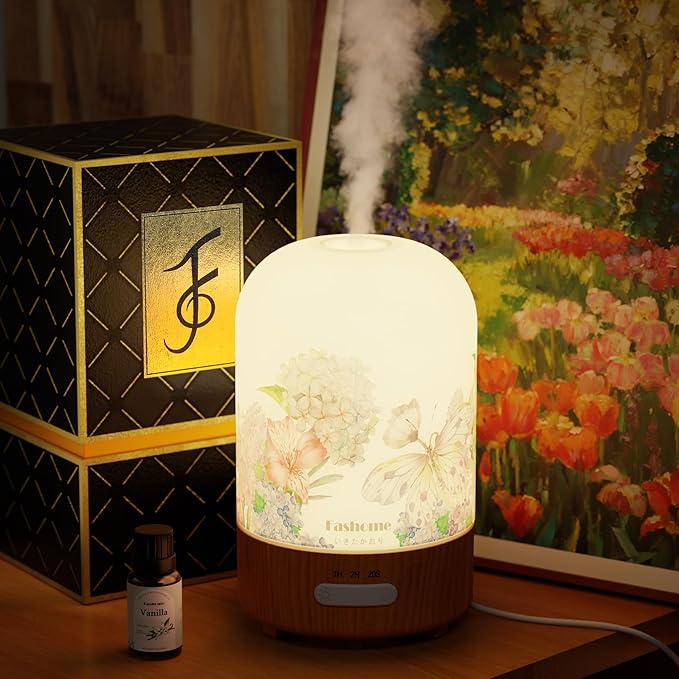 Essential Oil Diffuser Hand Blown Glass, 100ml Small Aromatherapy Diffuser, Auto Shut-Off Function, Ultrasonic Diffusers for Essential Oils, Cool Mist Humidifier with Warm White Lights (Vanilla Oil)