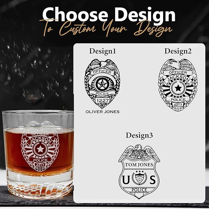 Personalized Police Officer Whiskey Glass, Custom Name & Number Old Fashioned Glass, 12oz Engraved American Flag Drinkware, Gift for Men Dad Retirement (Whiskey, 1-Police)