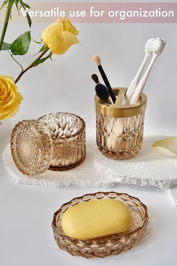 Brown Bathroom Accessories Set, 5Pcs Clear Glass Bathroom Accessories, Lotion Soap Dispenser, Toothbrush Holder Set, Soap Dish, Qtip Holder, Tumbler for Vintage Bathroom Decor, Gift Set