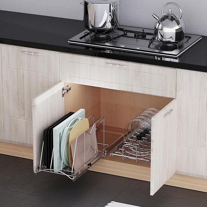 Pull Out Cookie Sheet Organizer for Cabinet, Pan and Pot Rack, Cutting Board Organizer Rack, Baking Tray Organizer for Cabinet, Adjustable Divider Width, 11" W x 22" D x 11.8" H, Chrome