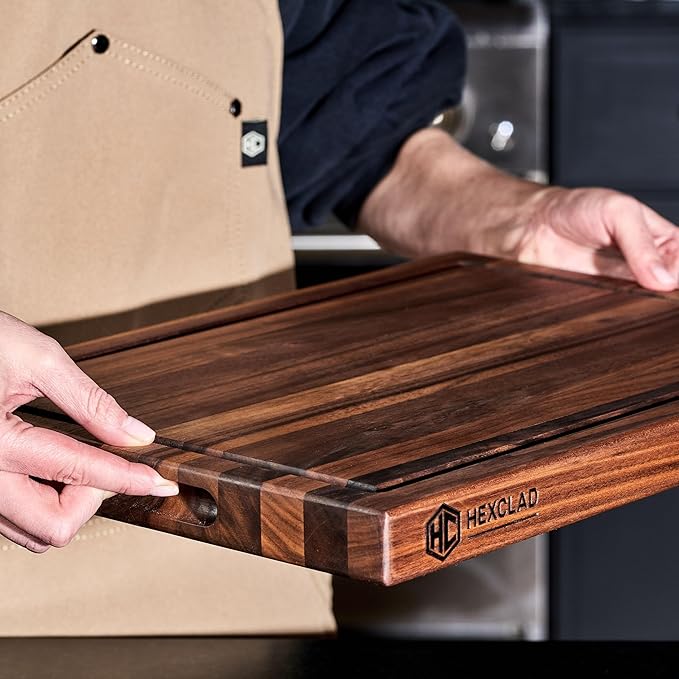 HexClad Medium Walnut Cutting Board, Double-Sided with Juice Groove & Recessed Handles, Durable, Scratch-Resistant Hardwood, Great for Chopping, Carving & Serving, 11.75"x15.75"