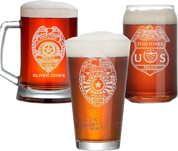 Personalized Police Officer Beer Glass, Custom Name & Number Beer Pint, 16oz Engraved Police Drinkware, Engraving Gifts for Men Dad, Retirement, PD