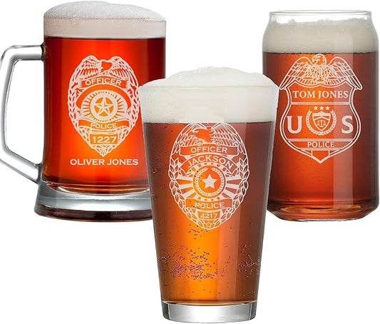 Personalized Police Officer Beer Glass, Custom Name & Number Beer Pint, 16oz Engraved Police Drinkware, Engraving Gifts for Men Dad, Retirement, PD
