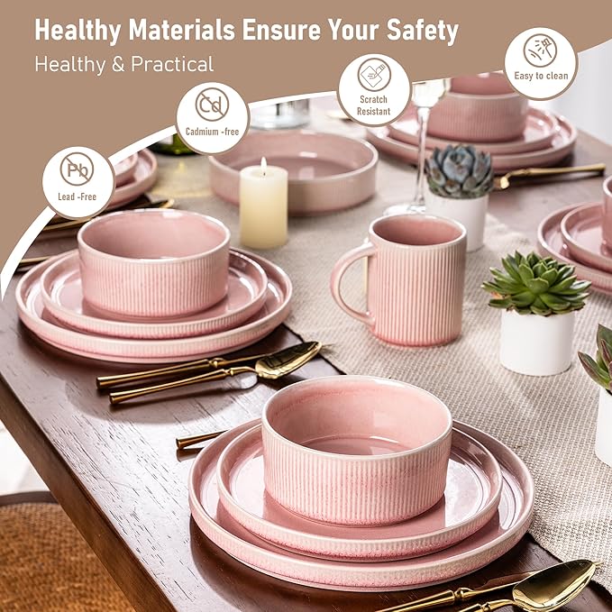 GBHOME Stoneware Dinnerware Sets for 4,Round Reactive Glaze Ceramic Plates and Bowls Set,Highly Scratch Resistant | Dishwasher & Microwave Safe Dishes Set,Service for 4(12Pcs),Pink