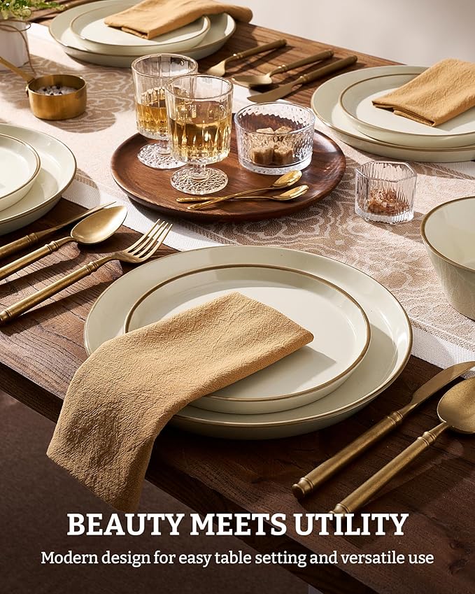 Famiware Saturn Plates and Bowls Dish Sets for 6 (18 Pieces), Stoneware Dinnerware Set with Hand-Painted Trim - Chip & Scratch Resistant, Microwave & Dishwasher Safe Ceramic Dishes, Vanilla White