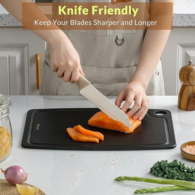 Cutting Board for Kitchen, 11.8x9.3Inch Wood Fiber Composite Cutting Board with Juice Groove and Non-slip Feet, Dishwasher Safe, Knife-Friendly Chopping Board for Meat, Bread, Fruit, Black