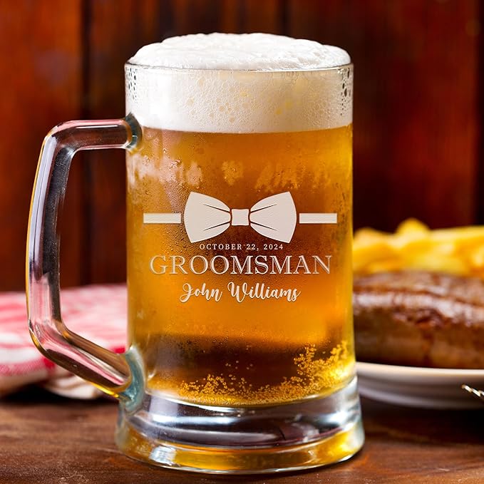 Groomsmen Gifts - Personalized Beer Mugs - Groomsmen Proposal Gift Idea - Customized Gift for Groom, Best Man, Groomsman - Custom Engraved Beer Mugs for Grooms Men - Groomsmen Beer Glasses (Design C)
