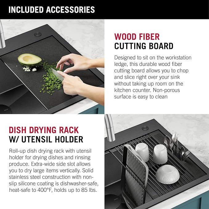 DELTA FAUCET Delta Rivet 25 Inch Black Stainless Steel Drop-in Top Mount 16 Gauge Workstation Kitchen Sink Single Bowl in PVD Gunmetal Finish with WorkFlow Ledge and Accessories, 95A9031-T25S-GS