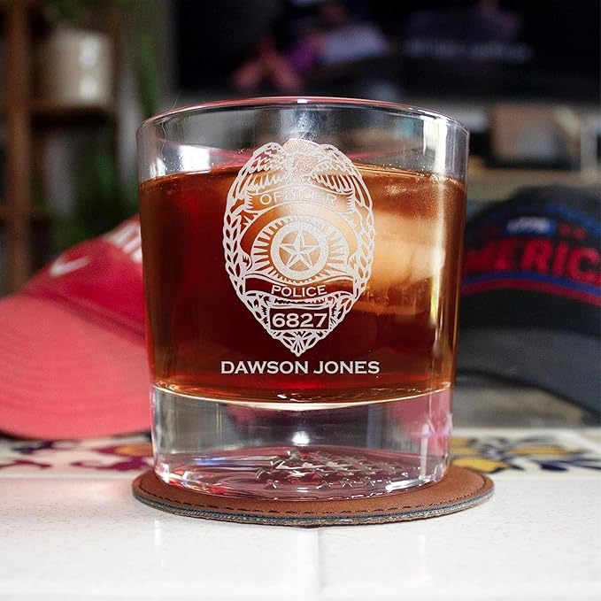 Personalized Police Officer Whiskey Glass, Custom Name & Number Old Fashioned Glass, 12oz Engraved American Flag Drinkware, Gift for Men Dad Retirement (Whiskey, 1-Police)