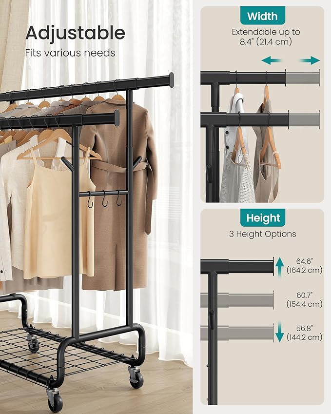 SONGMICS Clothes Rack, Heavy-Duty Rolling Clothing Garment Rack with Wheels, Extendable Double Hanging Rods and Adjustable Height, Portable, with Shelf and Hooks, Ink Black UHSR015B01