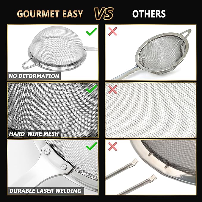 Stainless Steel Fine Mesh Strainer Set – 1 Large Flour Sifter with Sturdy Handle + 1 Small Mesh Sieve for Pasta & Rice + 1 Silicone Can Strainer – Stable, Durable, Dishwasher Safe, 5-Year Warranty