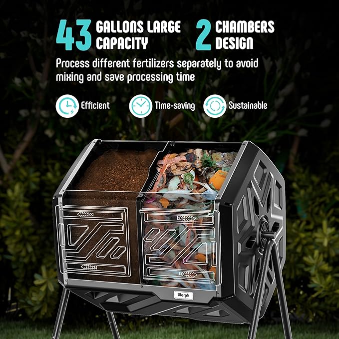 43 Gallon Compost Bin with Gloves, Fast Assembly & Easy Setup Outdoor Compost Tumbler, Updated Dual Chamber Tumbling Composter for for Garden, Kitchen, and Yard Waste, Black
