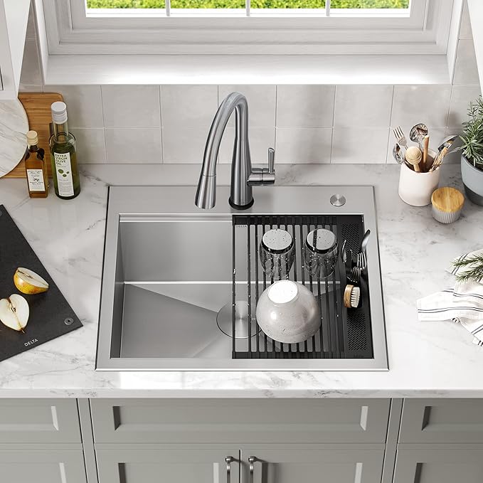 DELTA FAUCET Rivet 25-Inch Workstation Kitchen Sink Drop-In Top Mount 16 Gauge Stainless Steel Single Bowl with WorkFlow Ledge and Chef’s Kit of 5 Accessories, 95A931-25S-SS
