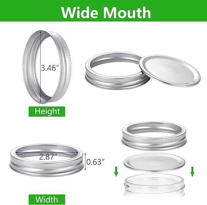 72Pcs Canning Lids with Rings Wide Mouth for Canning Jars, Ball,Kerr, Split Lids and Rings Food Grade Material, 100% Fit & Airtight for Regular Mouth Jars (36Ring+36Lids for Wide Mouth)