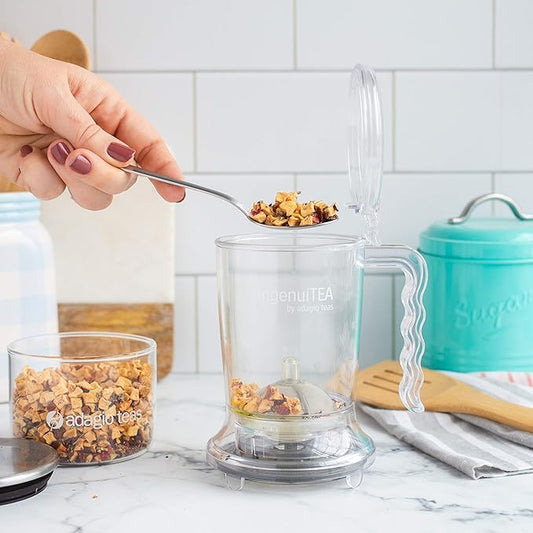 ingenuiTEA Bottom-Dispensing Teapot, PBA-Free. Works with any tea and cup. Makes 16 oz of tea. Dishwasher-safe. The easiest way to prepare loose tea.
