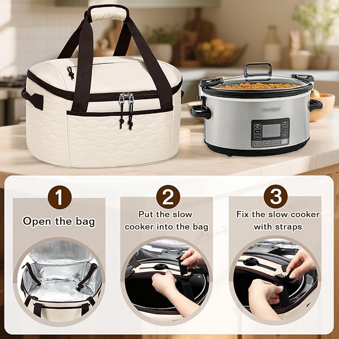 LUXJA Oval Slow Cooker Carrying Bag Compatible with Crock Pot 6-8 Quart, Insulated Slow Cooker Travel Bag with Lid Fasten Straps, Beige