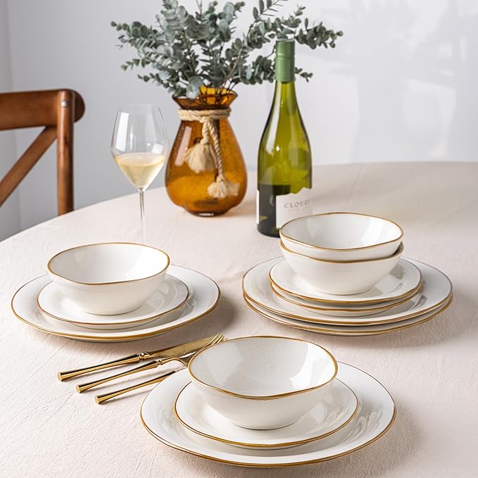 AmorArc Ceramic Dinnerware Sets, Handmade Stoneware Reactive Glaze Plates and Bowls Set, Scratch Resistant | Dishwasher & Microwave Safe Dishes Set, Service for 4 (12pc)