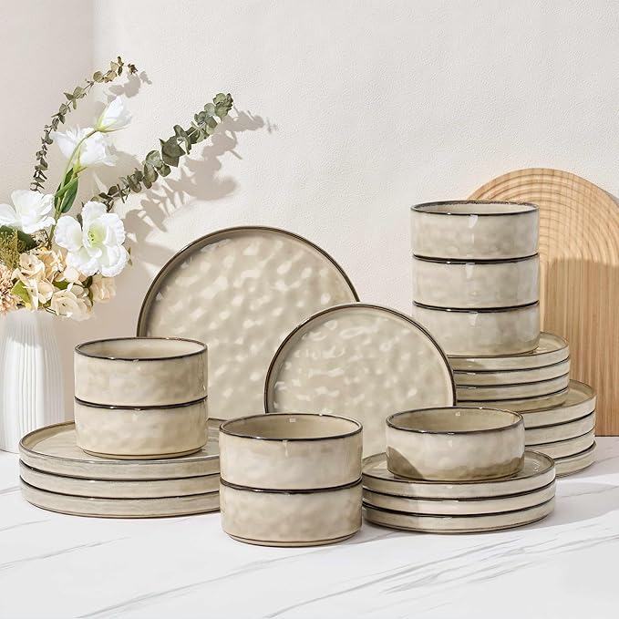 Herogo Plates and Bowls Dinnerware Sets for 8, 24 Pieces Stoneware Dishes Sets, Dishware for Dinner, Salad, Dessert, Dishwasher & Microwave Safe, Cream Khaki