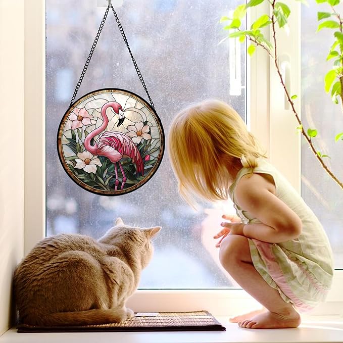 Stained Glass Window Hanging, Flamingo Flower Sun Catchers Diamond Glass Panel Hangings Pink Suncatcher Decor for Birthday for Women, Men, Wife, Aunt, and Mom 7.8 in