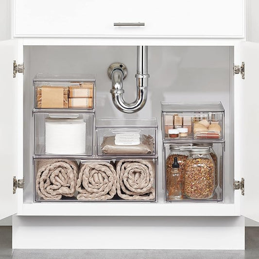 mDesign Plastic Stackable Bathroom Storage with Pull Out Bin Organizer Drawer for Cabinet, Vanity, Shelf, Cupboard, Cabinet, or Closet Organization - Lumiere Collection - 2 Pack - Clear