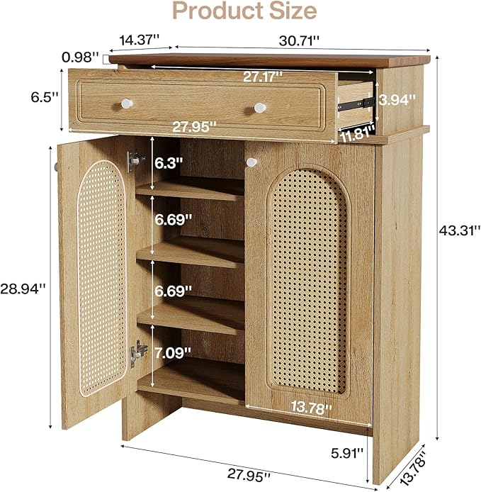 Tribesigns Shoe Cabinet with Doors, 6-Tier Shoe Rack with Drawer and Adjustable Shelves, 43.3" Tall Boho Farmhouse Shoe Storage Cabinet for Entryway, Hallway, Bedroom (Natural & Walnut)