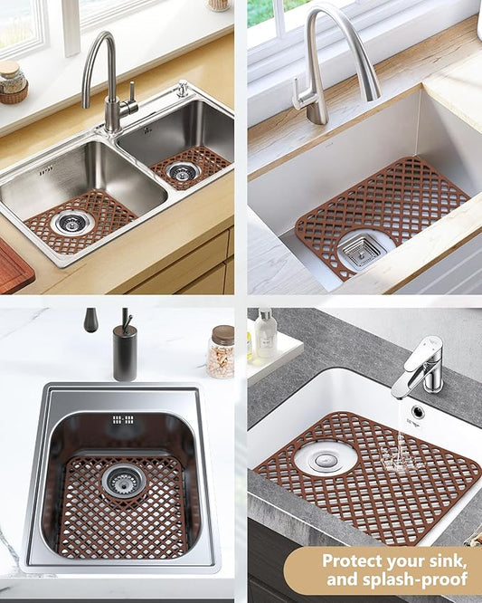 2 Pack Silicone Sink Protectors for Kitchen Sink, Lozenge Pattern 13 x 11 Inches Sink Mat, Non-Slip and Durable Sink Protector Silicone, Rear Drain, Coffee