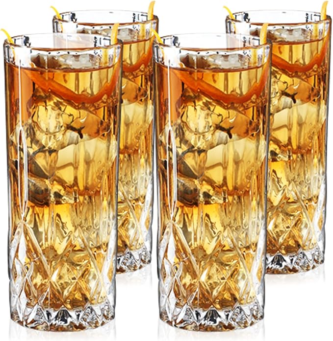 Viski Admiral Highball Glasses, Crystal Drinking Glasses, Elegant Glassware for Whiskey, Vodka, Cocktails, Perfect for Home Bars, Indoor & Outdoor Parties, Stylish Drinkware, 9 oz, Set of 4