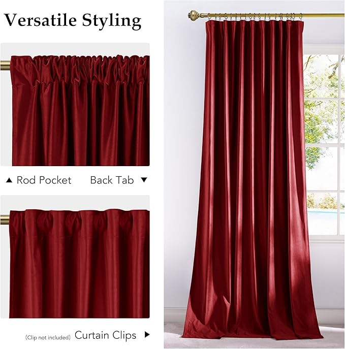 NICETOWN Christmas Red Velvet Curtains 96 inch Long, Winter Home Decor Back Tab Rod Pocket with Pleat Tape Blackout Window Treatment for Noise Reducing Thermal Insulated Drapes, 52" Wide, 2 Panels