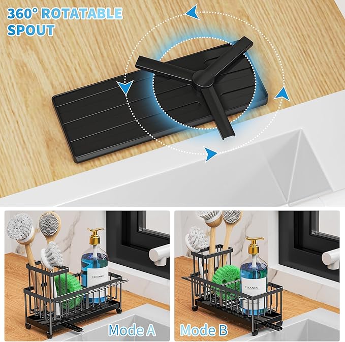 Cisily Sponge Holder for Kitchen Sink with Towel Rack, Sink Caddy with Kitchen High Brush Holder, Organzier Rustproof 304 Stainless Steel Dish Organizer Divider, Soap Dispenser Storage
