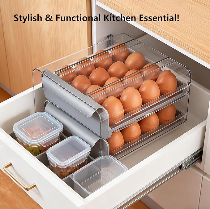 Egg Container Holders Dispenser for Refrigerator 32 Eggs, 2 Tier Clear Stackable Holder Tray with Drawer for Fridge, Egg Drawer for Refrigerator, Egg Tray Countertop (Grey)