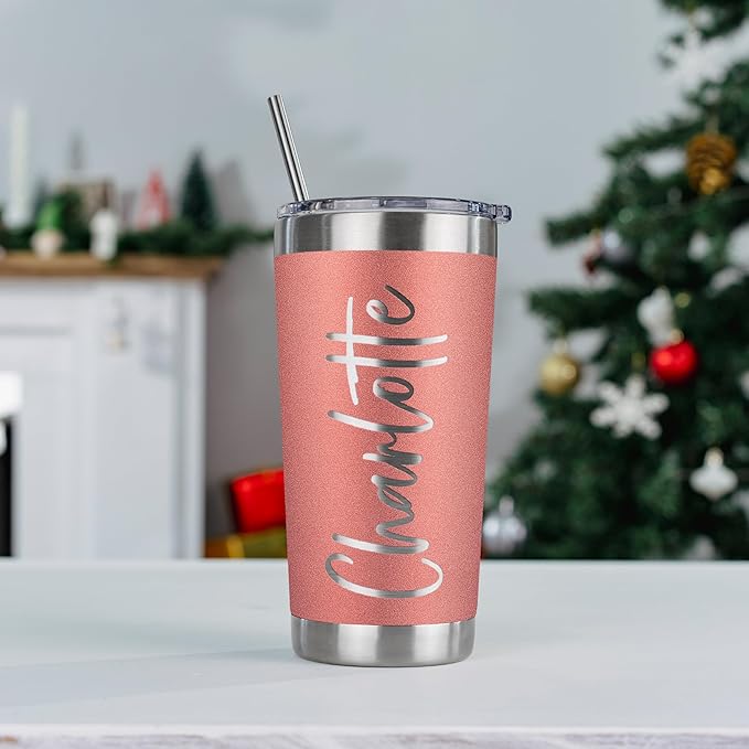 Personalized Tumblers, Stainless Steel 20 oz Tumbler w/Lid | 13 Designs | Personalized Cups Double Walled Insulated Coffee Cup for Travel, Work, Gym, Fitness | Hot and Cold Drink - Rose Gold