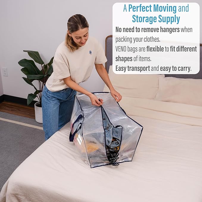 VENO 6 Pack Moving Bags w/Backpack Straps, Heavy Duty, Moving Boxes Alternative, Packing Supplies, Large Storage Totes for Dorm Room Essentials with Zipper for Clothes (Clear, 6 Pack)