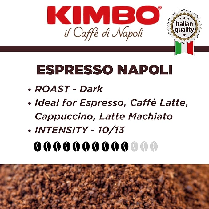 Kimbo Espresso Napoli Ground Coffee | Dark Roast | Intense Aroma & Long Lasting Flavor | 10/13 Intensity | 8.8 oz (250g) Brick